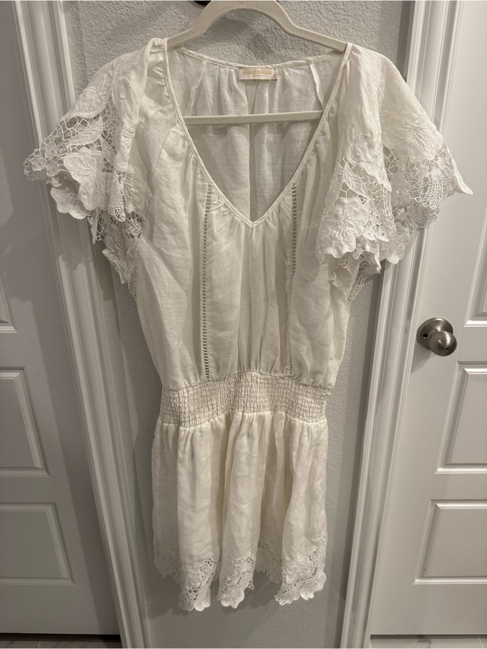 RAMY BROOK White Lace Flutter Sleeve Mini Dress.